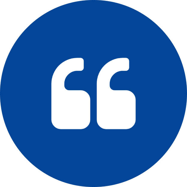 White quotation marks in a blue circle.